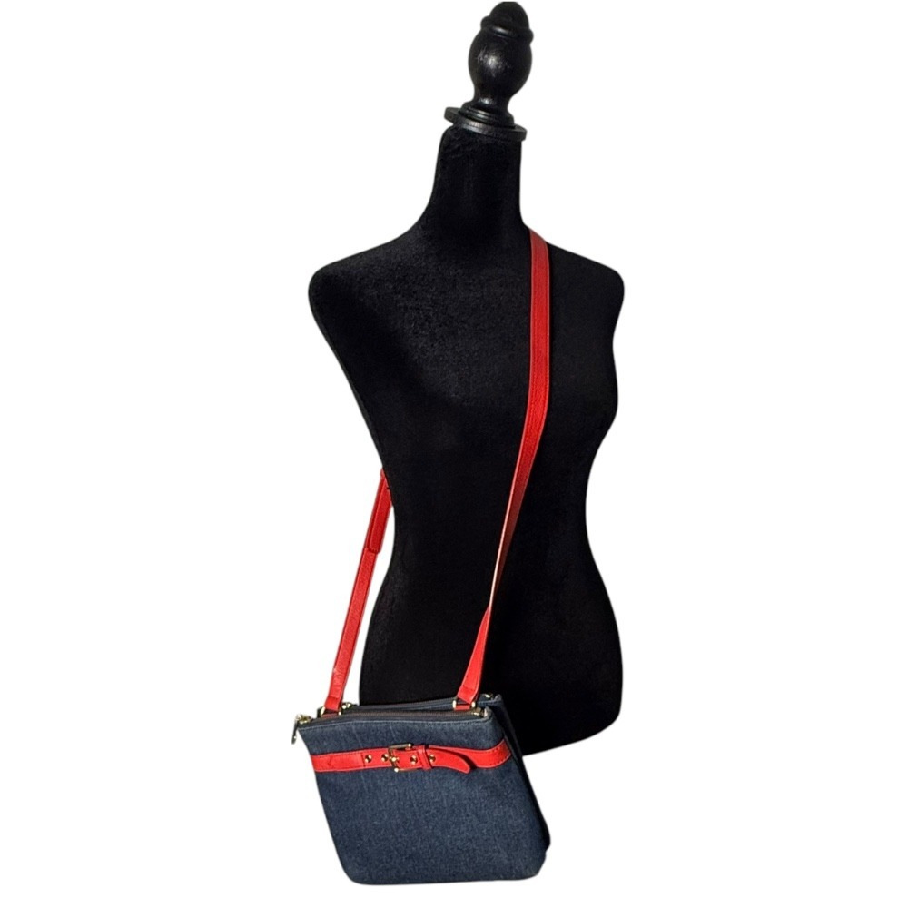 Talbots Denim Crossbody Blue‎ Bag Red Leather Gold Buckle Double Zipper